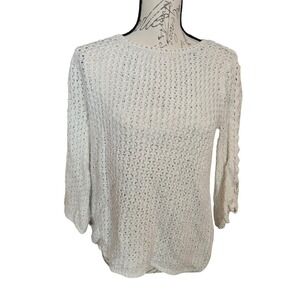 Chicos Cream Open Knit Sweater 3/4 Sleeve Crochet Detail Ivory Pullover Size Med